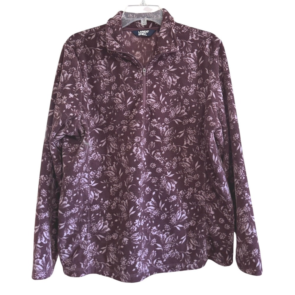 Lands End Womens Plum Floral Fleece‎ Quarter Zip Pullover Sweater L Cozycore